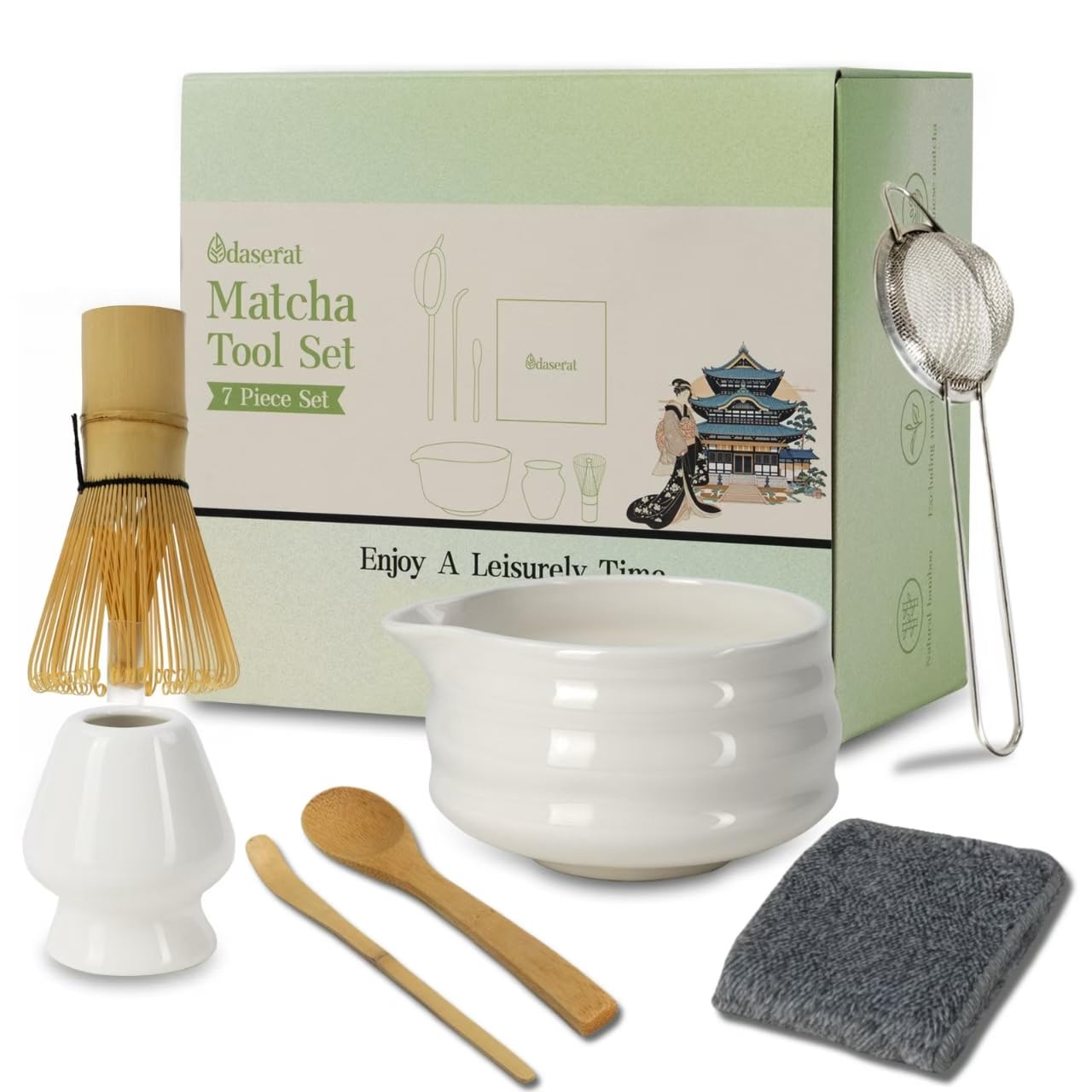 Matcha Whisk Set 7 Pcs Matcha Kit Premium Ceramic Matcha Set Whisk and Bowl Sifter Cup Holder Bamboo