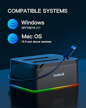 Inateck RGB USB 3.0 USB-C Port Hard Drive Docking Station with Offline Cloning, for 2.5/3.5 Inch SATA HDDs and SSDs, 2 x 20TB Dual Bay Docking Station, UASP Supported, SA02003C