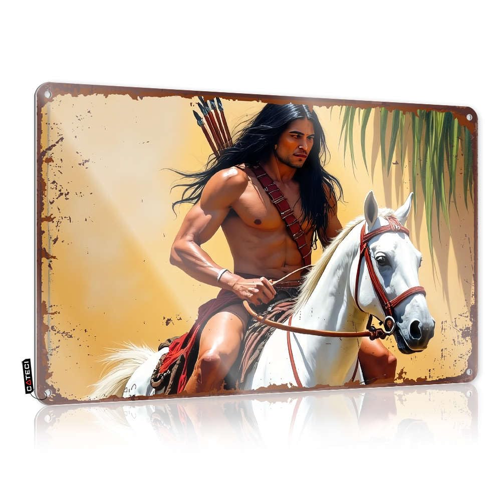Matal Sign Print Ready To Hang - A Muscular Man With Long Black Hair Rides A White Horse Gift For Mom For Clearance(30X40CM)