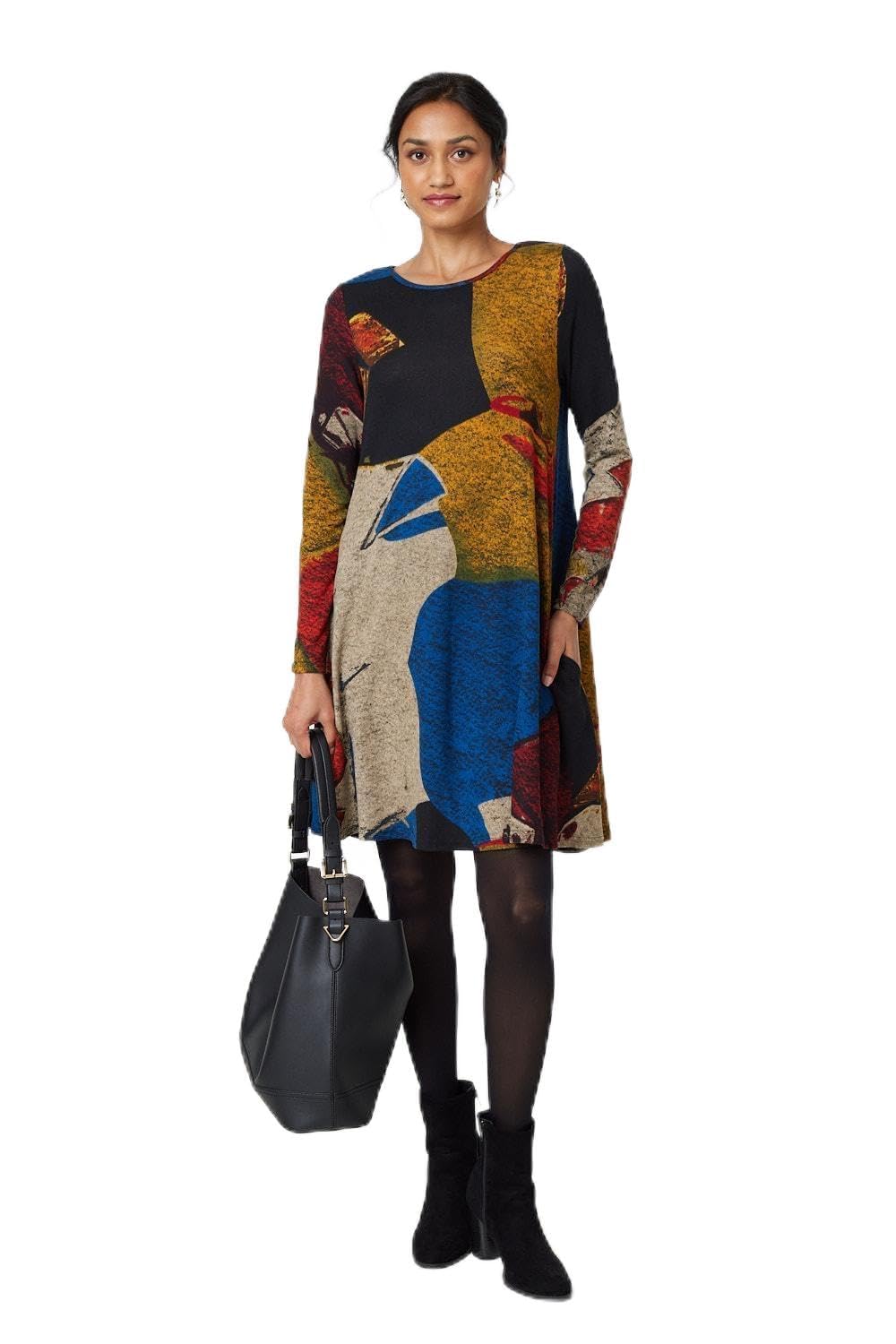 Izabel London Women's Abstract Print Long Sleeve Short Swing Dress in Red | Size: 14