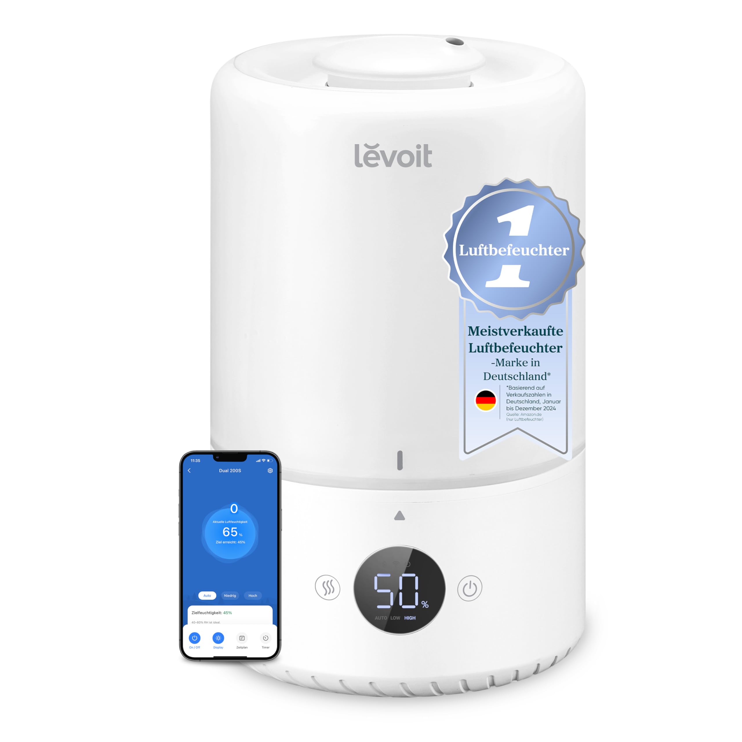 Levoit Smart Luftbefeuchter Schlafzimmer, 20dB, Top-Fill für Baby, 3L | Luftfeuchtigkeit Sensor, Raumbefeuchter für Kinderzimmer Pflanzen, 360°Drehdüse, bis 25 Std., Cremeweiß