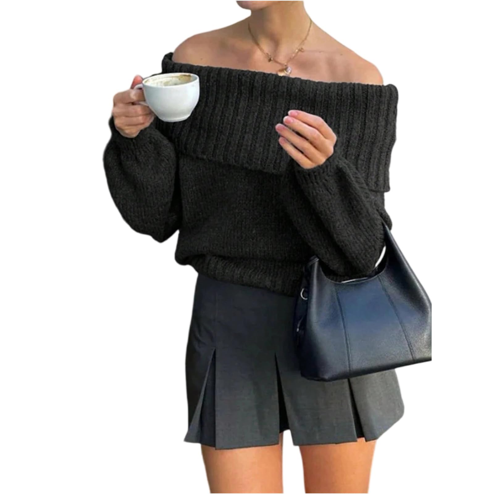 Off The Shoulder Sweater for Women Soft Oversized Slouchy Cable Knit Sweater Casual Long Sleeve Cute Pullover Sweaters