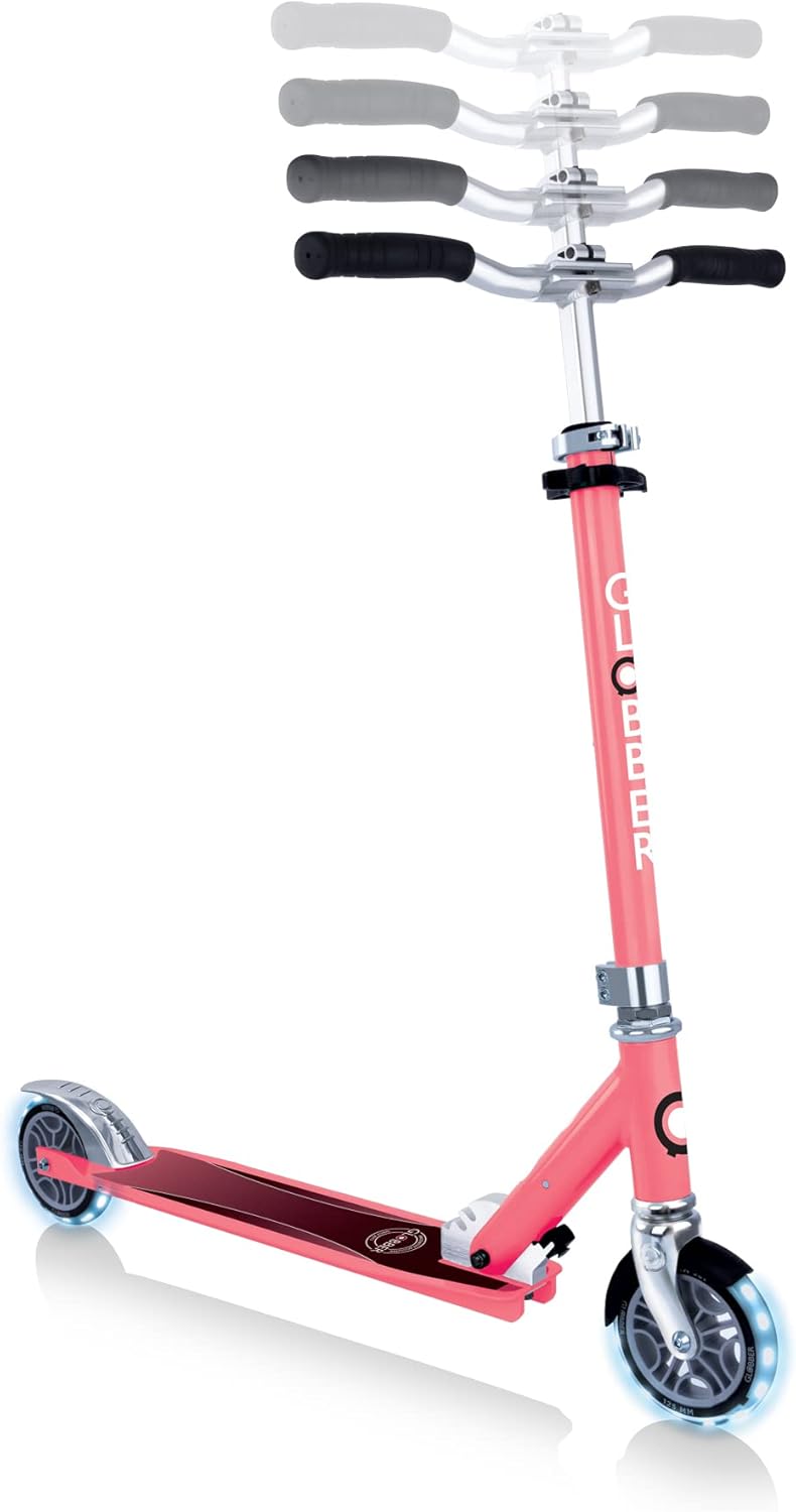 GLOBBER Flow Element Lights 2 Wheel Aluminium Scooter with Luminous Wheels, Scooters for Kids 5-7, Kids and Teens - Coral Pink