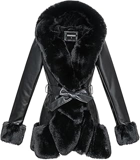 GRAN ORIENTE Women's Faux Leather Coat with Faux Fur Collar,Winter Warm Belted Mid Length