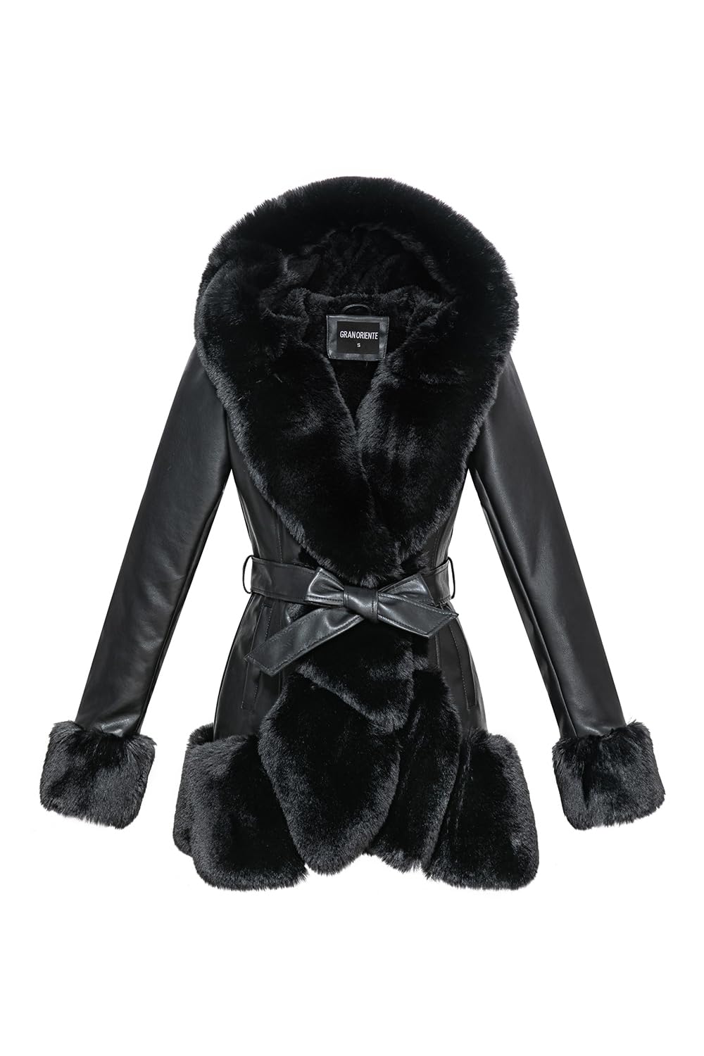 GRAN ORIENTE Womens Faux Leather Coat with Faux Fur Collar Winter Warm Belted Mid Length Trim Jacket Fur
