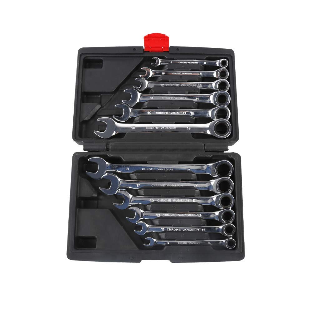 Jeu de 12Pcs Clés Mixtes à Oeil Clés Plate à Cliquet 8mm-19mm Malette