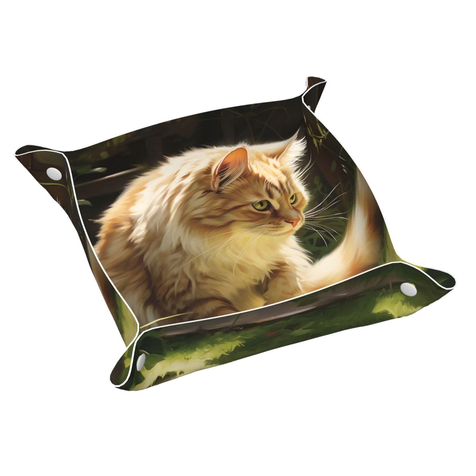 A Playful Little Cat Print Practical Leather Valet Tray Key Bowl and Jewelry Tray, Waterproofed PVC Leather Tray
