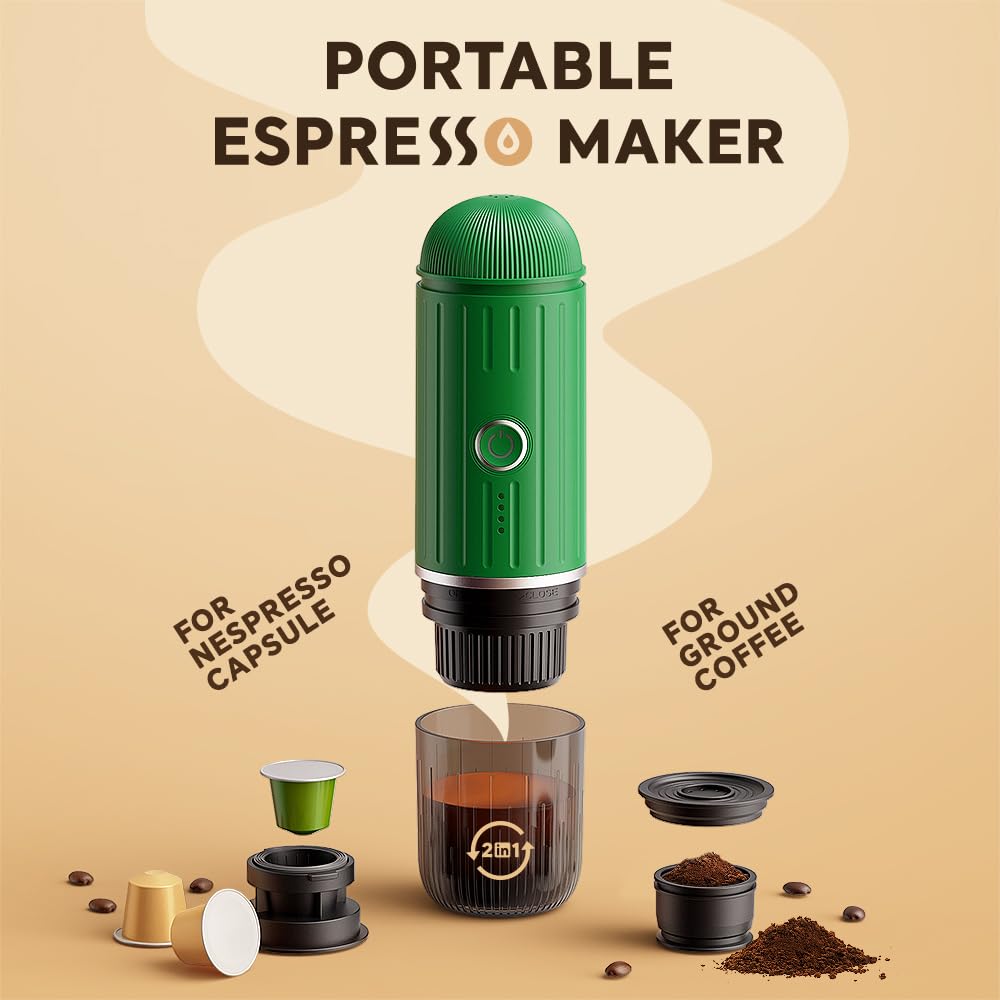 Cafetera eléctrica portátil, cafetera de viaje para autocaravanas, autocalentable, con café molido y adaptador para cápsulas NS para autocaravanas, senderismo y oficina, color verde
