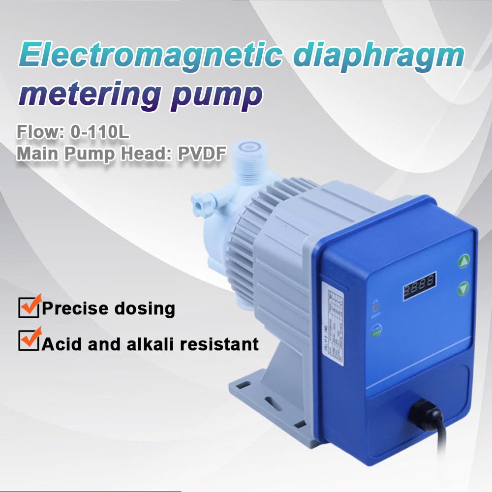 Elektromagnetyczna pompa dozująca, regulowana 20-110 l/h, odporna na kwasy i zasady, ze wskaźnikiem zasilania i pustą wiadomością do uzdatniania wody i chemii