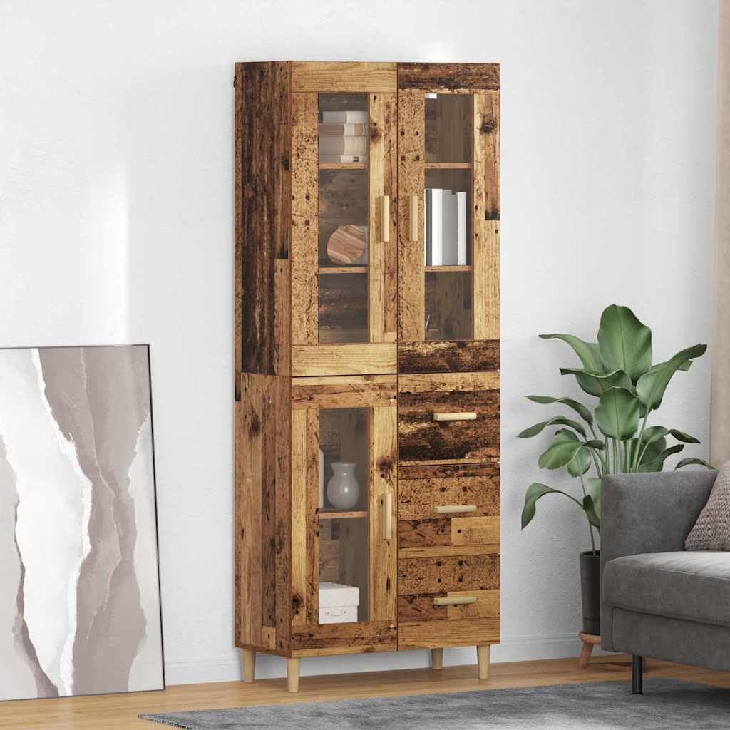 Buffet haut en bois vieilli, 69,5 x 34 x 180 cm, buffet avec tiroir et porte, étagère de rangement pour salon, salle à manger, bureau, design rustique moderne et étroit