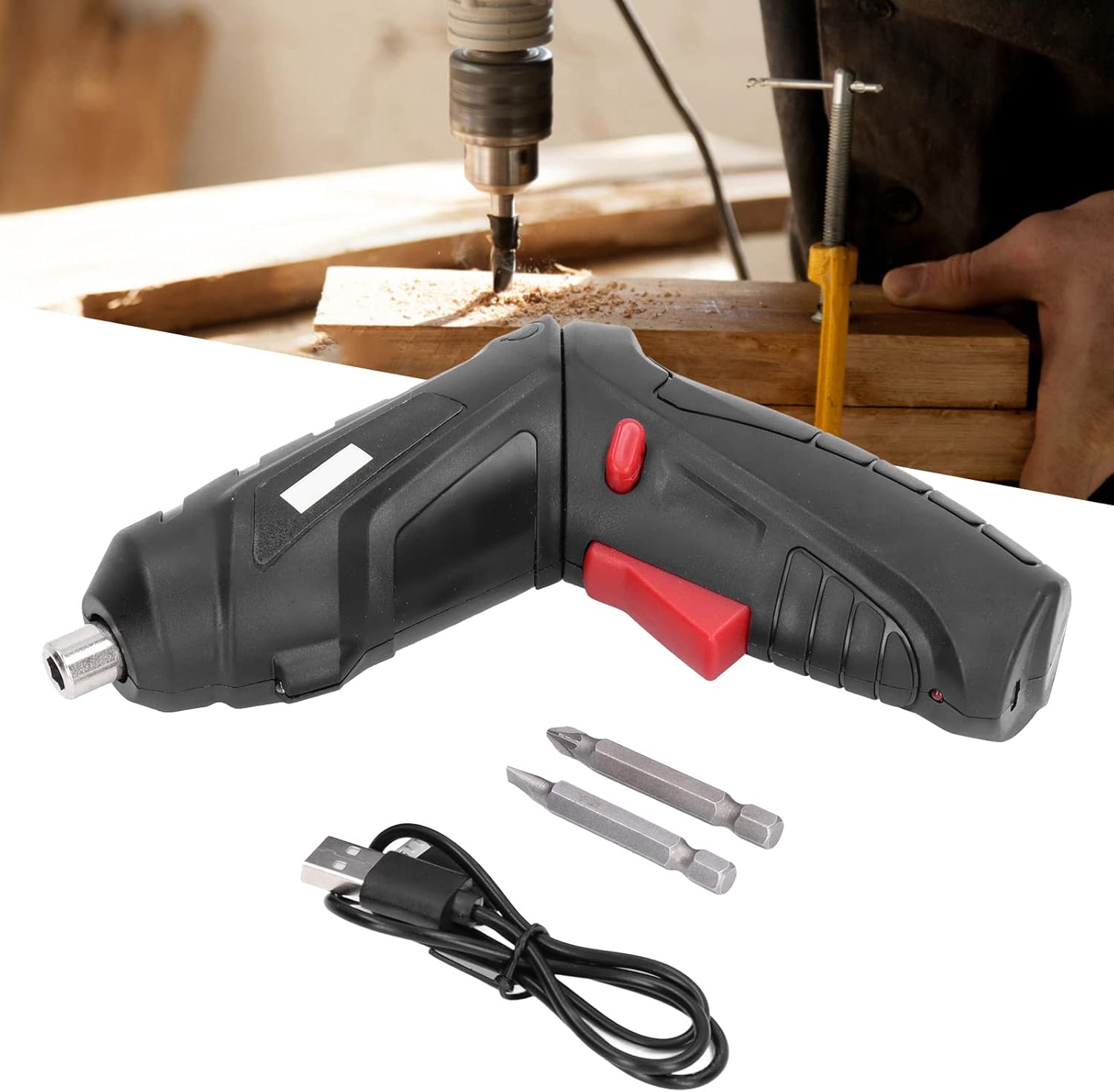 A hand holding the Vikye Electric Screwdriver, driving a screw into a wooden block.