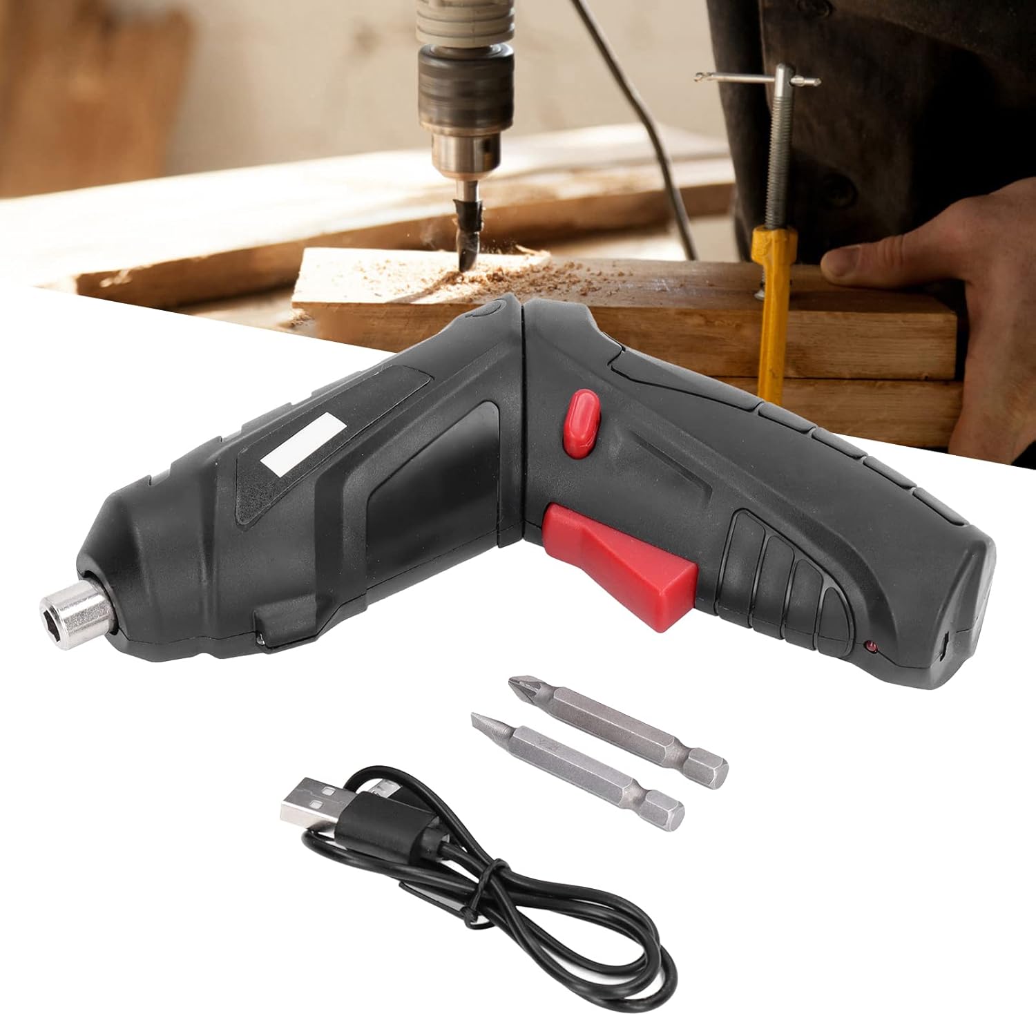 Rechargeable Cordless Electric Screwdriver Set for Drilling Repair with 2pcs Bit Tool Kit (Black)