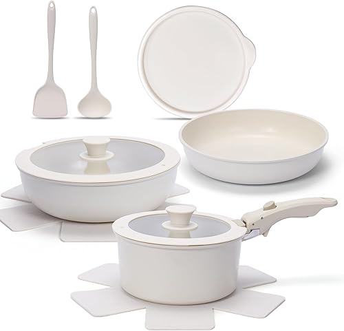 Miniatura 10 de Juego de 8 utensilios de cocina de cocina, ollas y sartenes antiadherentes, juego de sartenes de inducción con mango desmontable para utensilios de