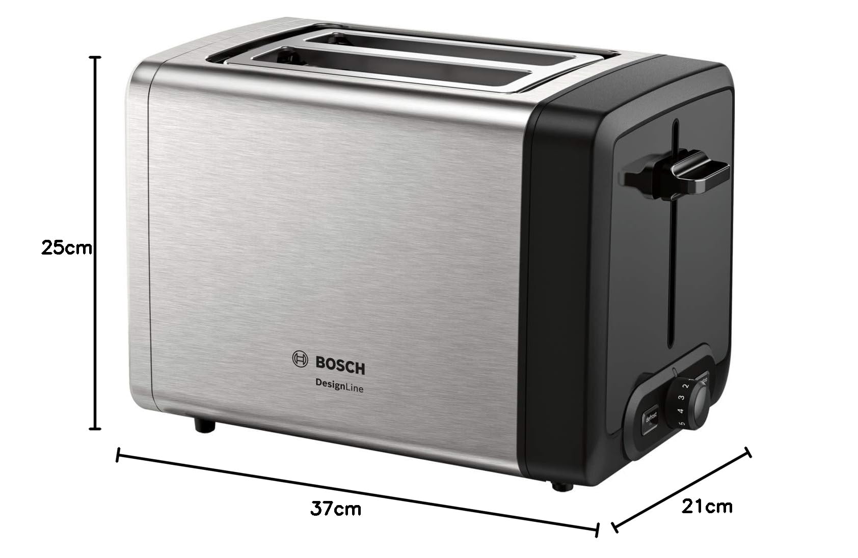 Bosch Elettrodomestici, Tostapane compatto DesignLine in acciaio INOX, con funzione di scongelamento automatico, funzione lifting, 970 W, acciaio inox/nero TAT4P420DE