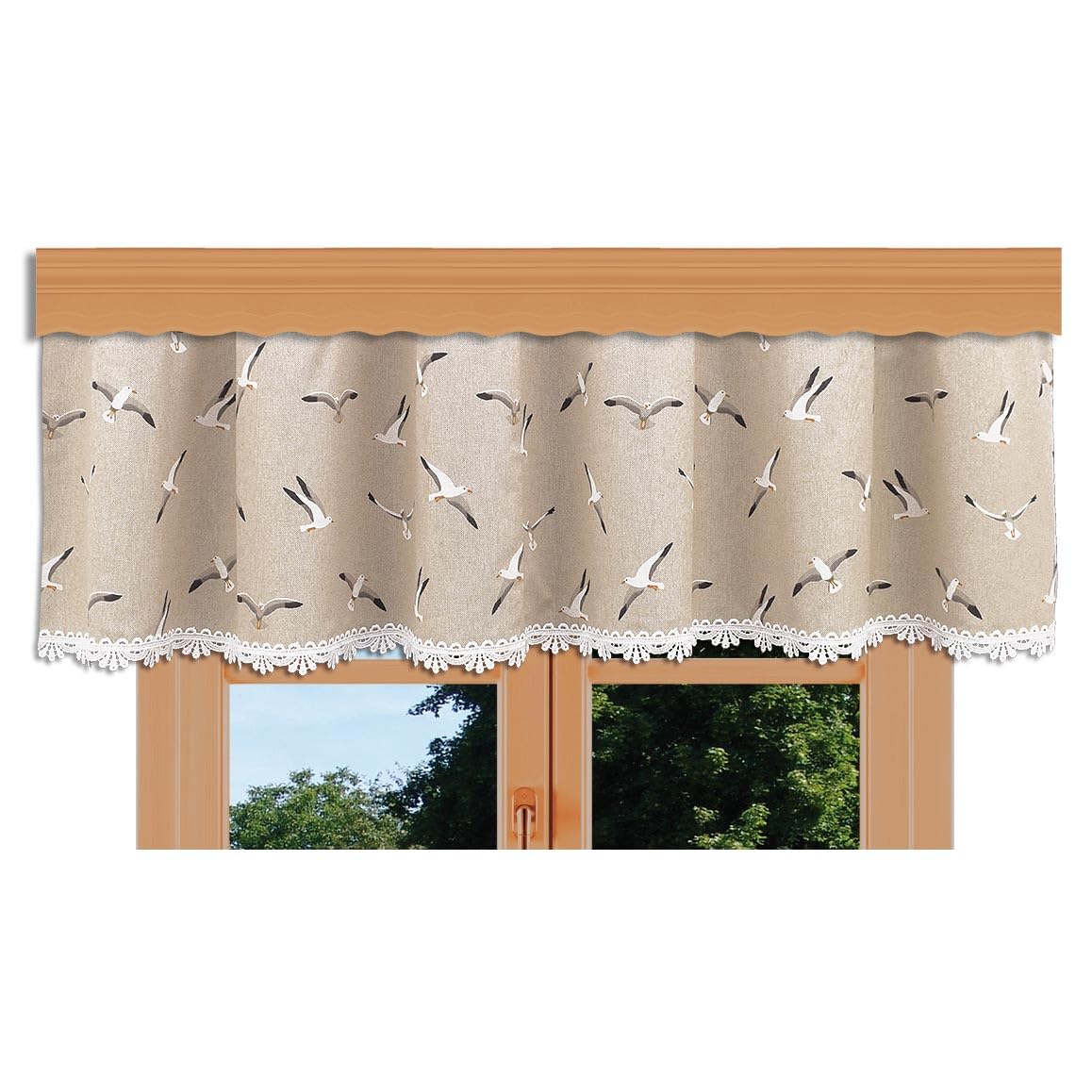Querbehang Ilma Möwe mit Vogtländischer Spitze – hochwertige Landhaus-Gardine in Natur | maritimer Baumwollstoff Blickdicht | Volant mit Reihband Höhe x Breite 30 x 280 cm