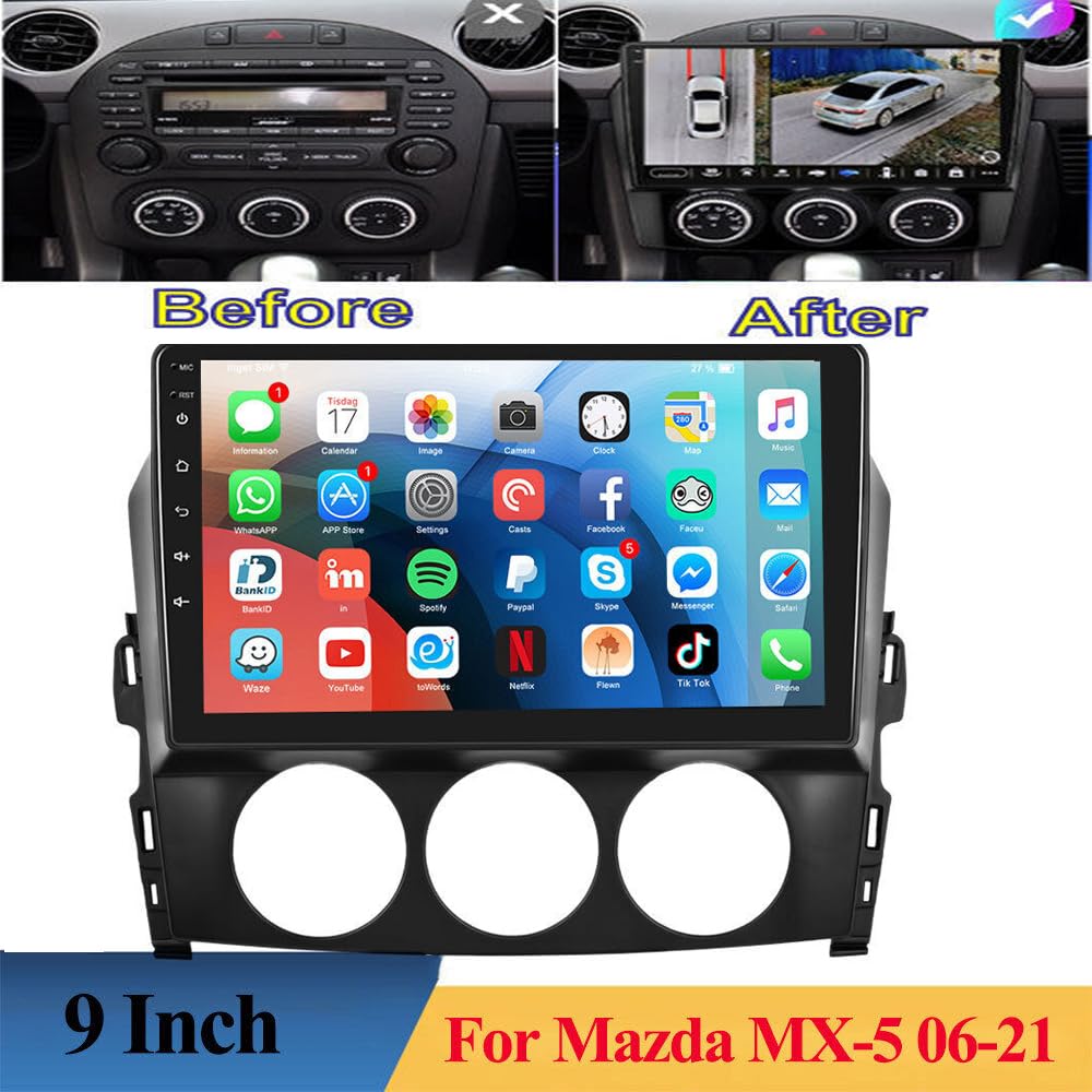 ihreesy Android 13 Car Radio Stereo Fit for Mazda MX-5 2006-2021 9'' Touch Screen Double Din Car Audio with Carplay & Android Auto GPS Navigation WiFi Bluetooth Mirror Link Backup Camera Mic [2+32G]