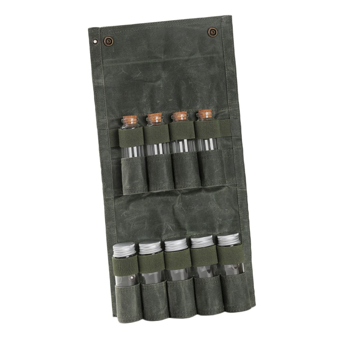 Set rangement épices camping en verre et toile verte pour cuisiner en plein air