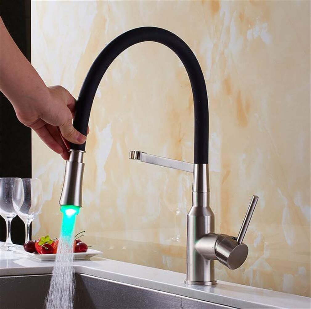 VDOQTLJT Led Kitchen Faucets with Rubber Chrome∕Nickel Mixer Faucet for Single Handle Pull Down Tap Crane for Sinks with Aerator Retro Chrome with(Nickel With Led)