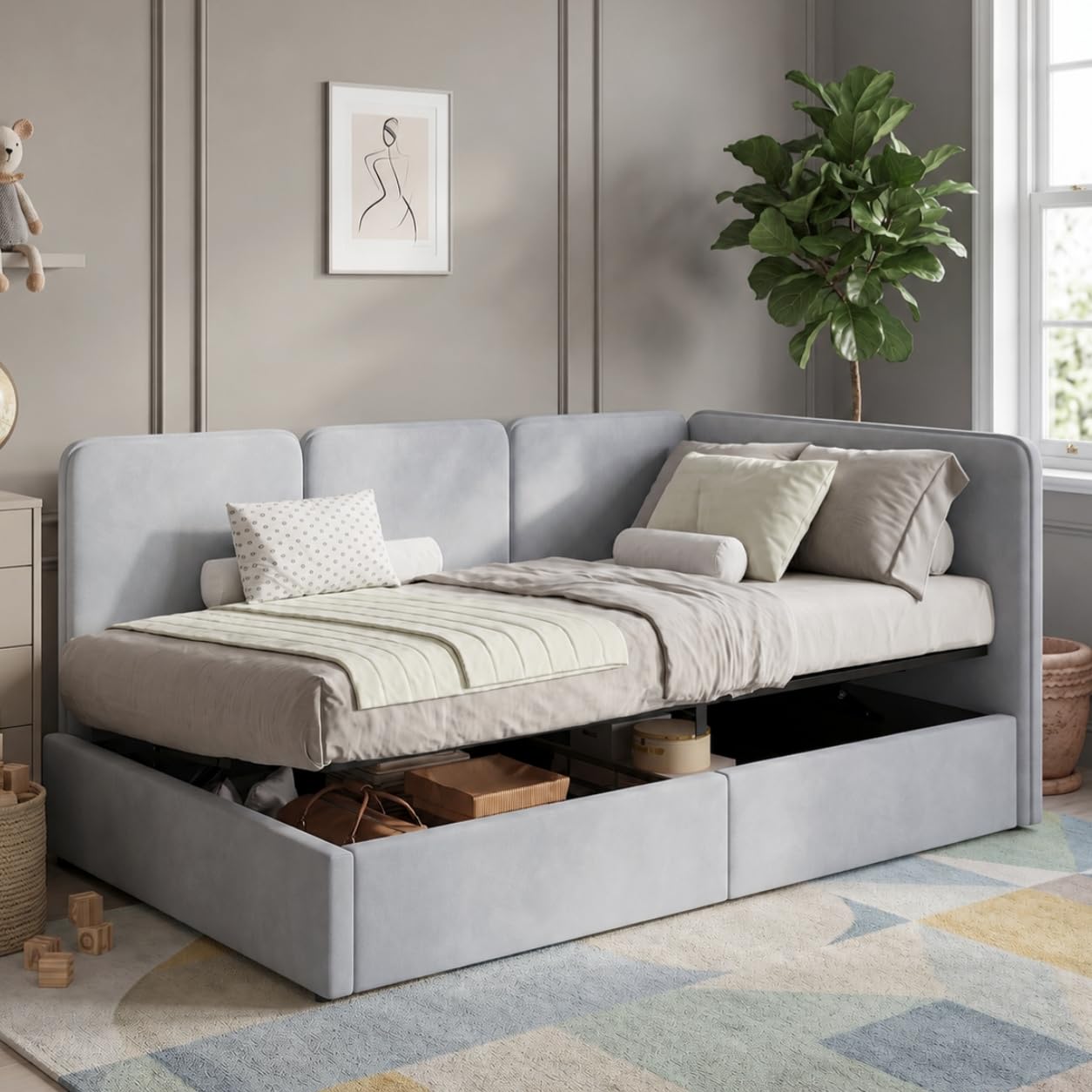 Mrwoo 3ft Single Daybed with Hydraulic Lift Storage, Velvet Ottoman Bed for Bedroom, Living Room, Reversible Chaise Design, Grey, 90x190cm, (No Mattress)