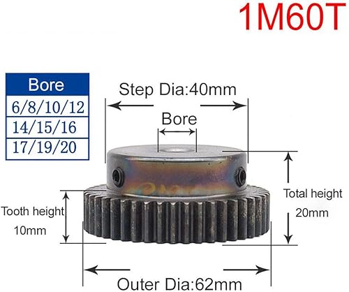 Miniatura 8 de Alta precisión 1 Mod 30T Engranaje recto 45 # Acero Engranaje de piñón de servicio pesado 0.250 in Diámetro con paso x 1 pieza (orificio 0.250 in