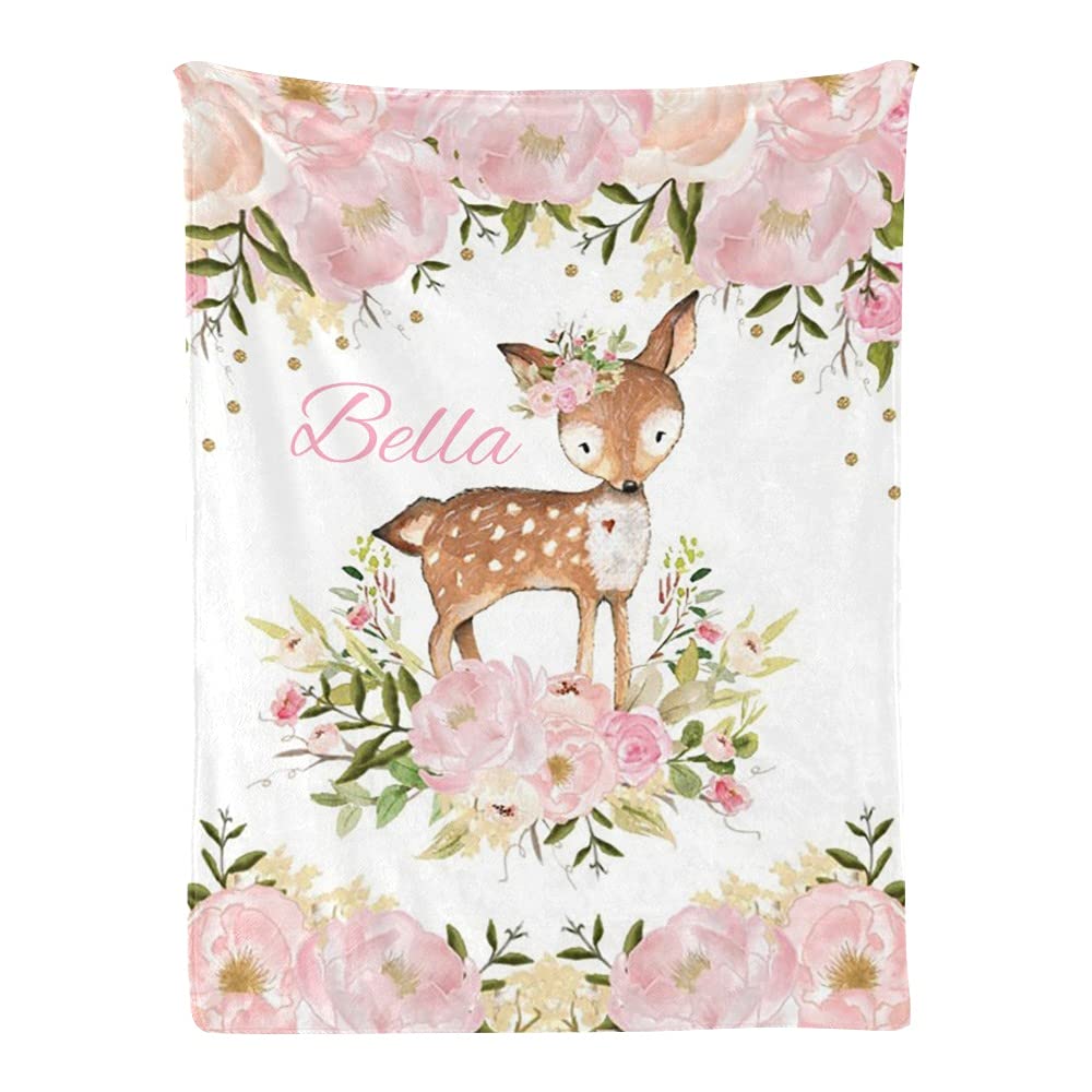 Pink Flower Deer Baby Blanket with Name Custom Personalized Super Soft Nursery Fleece Throw Blankets for Newborns Baby Shower Girls Kids Birthday Gift 30 X 40 inch