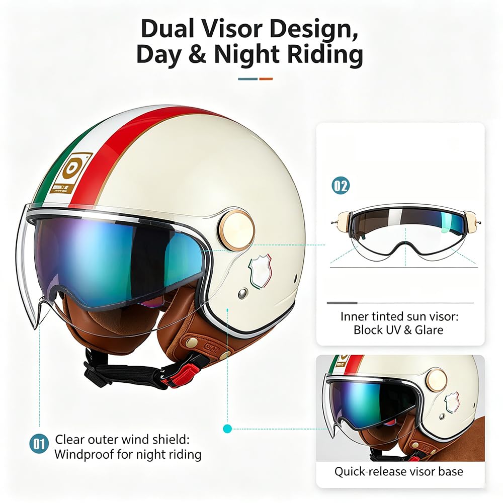 Casco Moto Abierto Scooter con Doble Visera, Cascos Jet para Hombre y Mujer Casco de Motocicleta Casco Scooter Doble Visera Homologación ECE22.05 Adulto Vintage 3/4 Casco