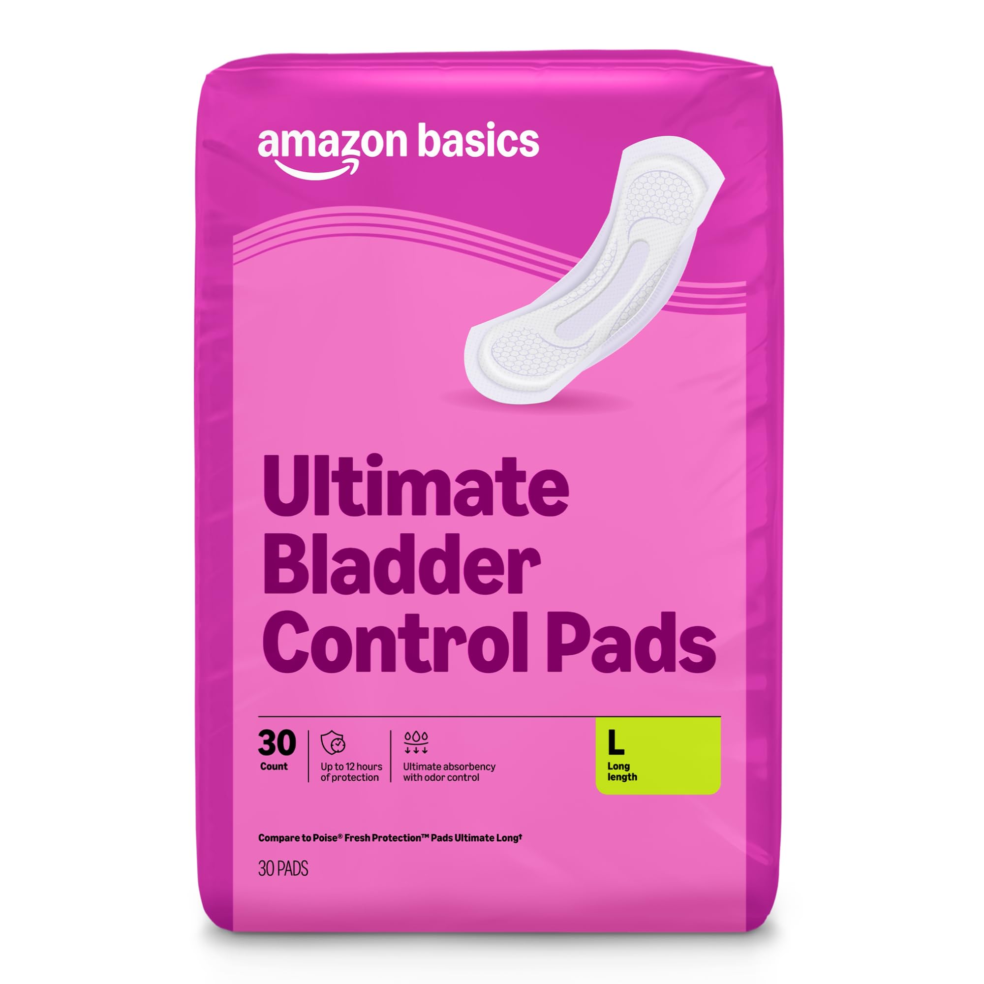 Amazon Basics Incontinence Pads for Women, Long, Postpartum, Bladder Control, Ultimate Absorbency, Fresh Protection, Unscented, 30 Count, Packaging May Vary
