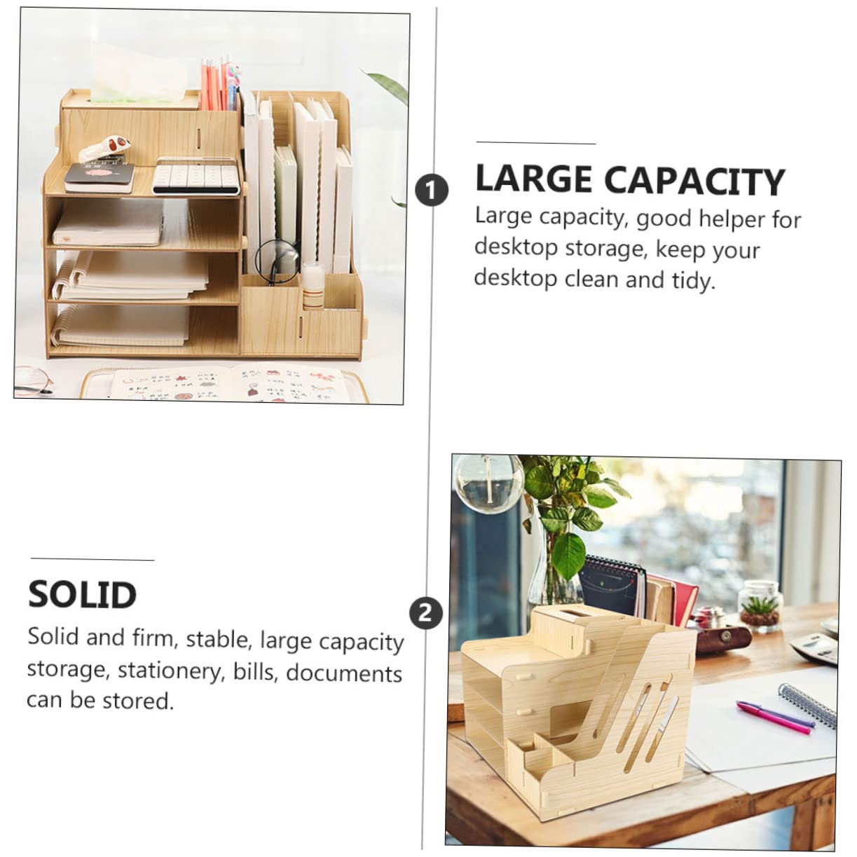 HOMSFOU Estante Organizador De Escritorio De Madera Natural con Múltiples Compartimentos Deslizantes y Gran Capacidad Rack para Almacenamiento De Archivos y Suministros De Oficina