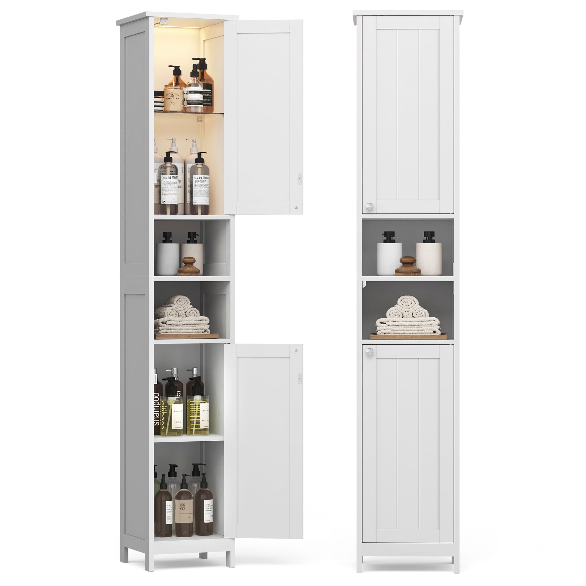 VASAGLE Mobile da Bagno con Luce, Armadietto Mobiletto da Bagno a Colonna con Ripiani Regolabili, Scomparti Aperti, per Piccoli Spazi, Moderno, Bianco Nuvola BBC566W03