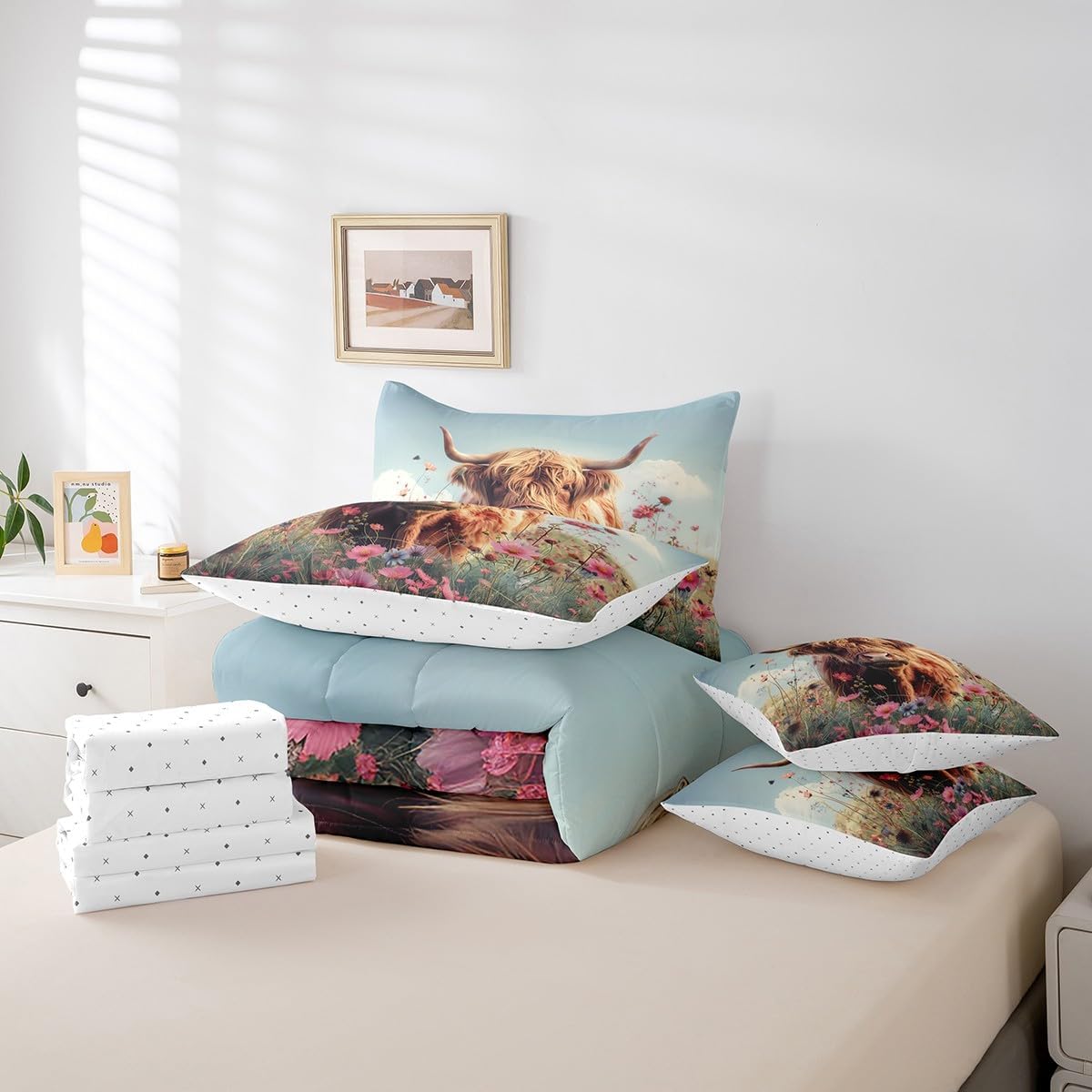 Feelyou Highland Cow Comforter Set with Sheets Floral Highland Cattle 7 Piece Bedding Set Twin Size for Kids Bedroom Bed Decor Western Funny Animal Bed in a Bag Wildlife Farmhouse Cow Bed Set