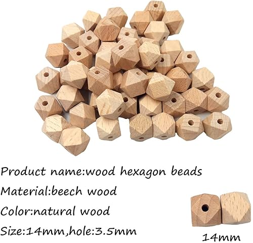 Miniatura 2 de Arakierst - 100 cuentas hexagonales geométricas de madera de haya facetada de 0.555 pulgadas (0.551 in) sin terminar de polígono natural para