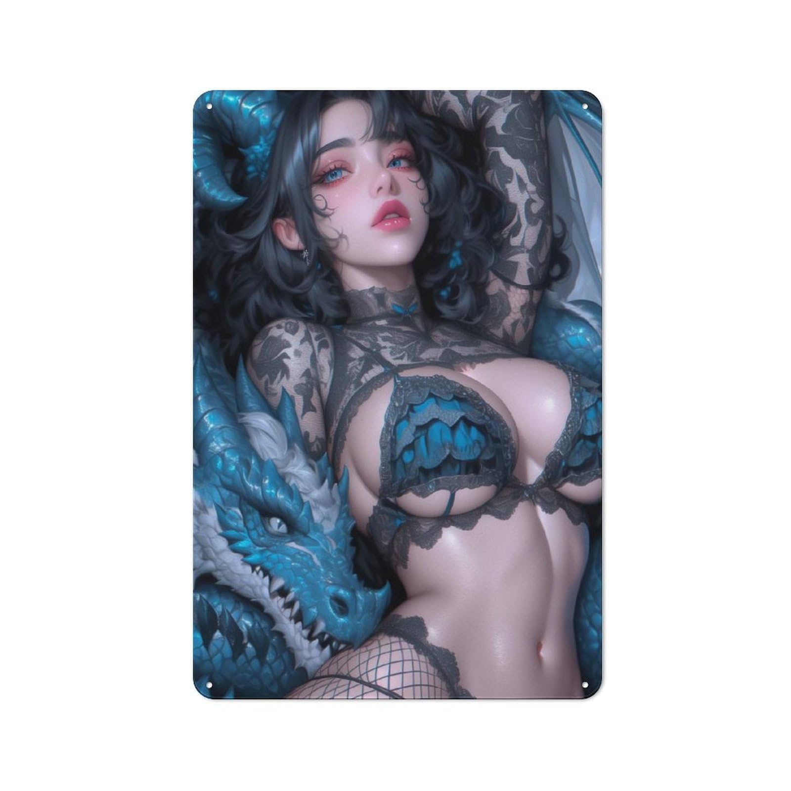 Junmoney Style-17 Metal Wall Sign 30X20cm Featuring Dragon And Woman For Workshop Wall, For Room Styling Across Workshops And Hobby Rooms