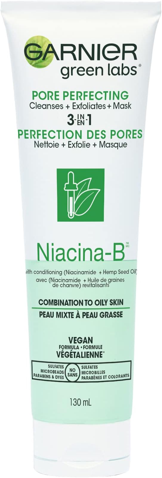 Garnier SkinActive Green Labs Canna-B Pore Perfecting 3-in-1 Face Wash Exfoliator Mask with Niacinamide Vitamin B3 Cannabis Sativa Seed Oil for Combination to Oily Skin 4.4 Fl Oz (Packaging May Vary),
