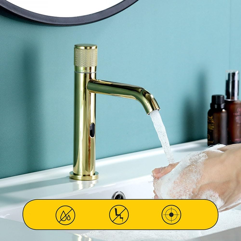 Grifo de baño con sensor infrarrojo inteligente de acero inoxidable de grado 304 con apagado automático de 3 segundos, diseño de ahorro de agua, color dorado
