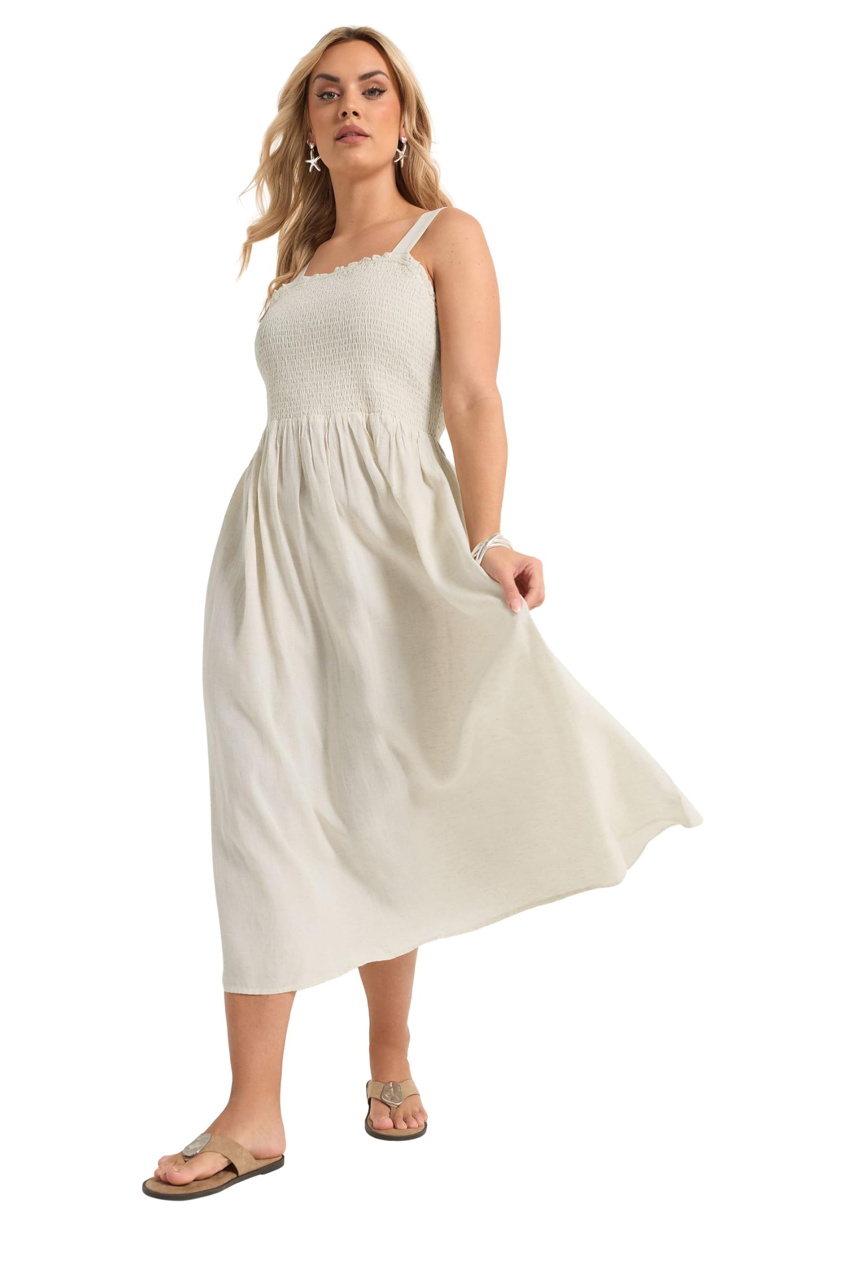 Yours Women's Natural Curve Brown Shirred Linen Midi Dress - Plus Size Curve