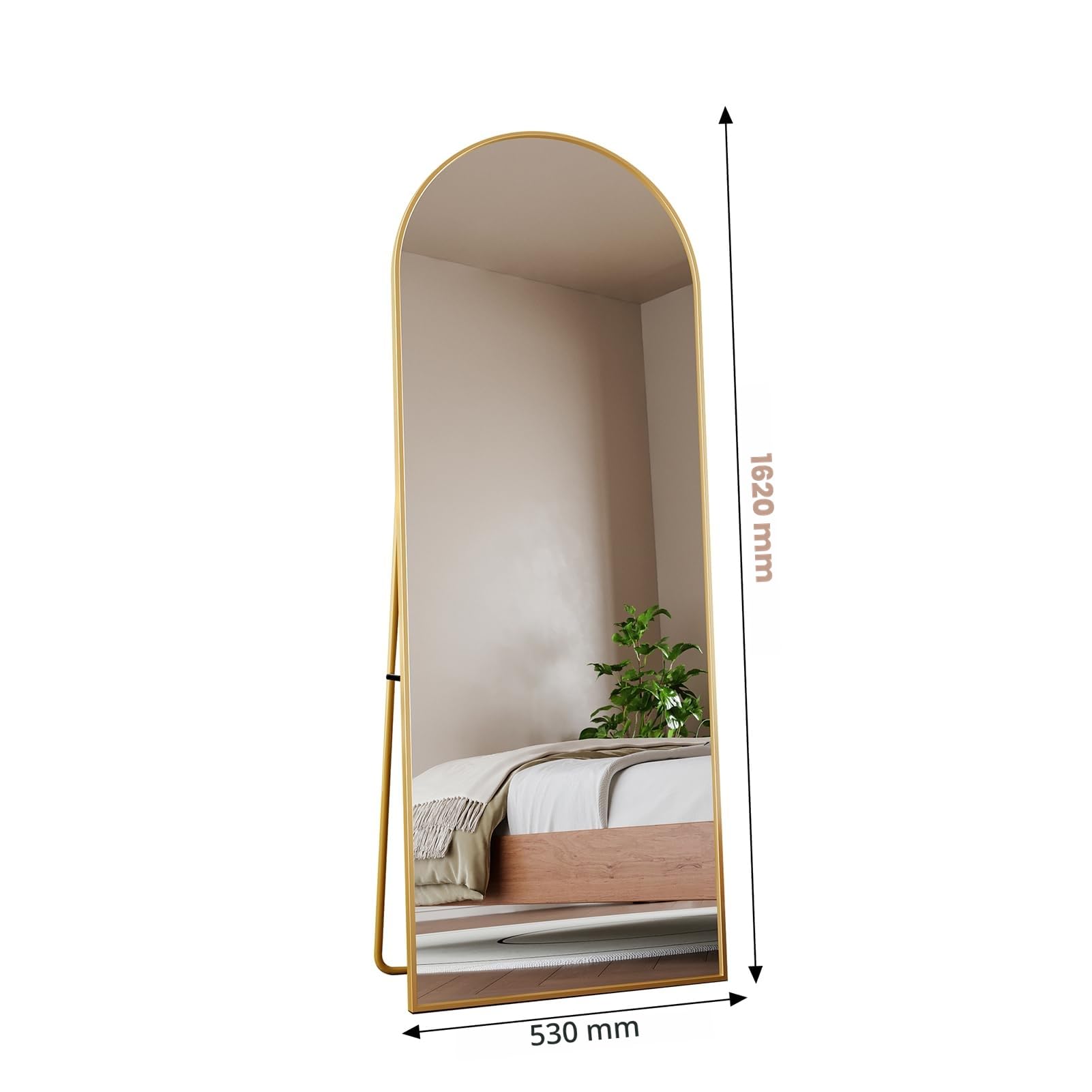 BRILVERDE Miroir pleine longueur, arc, 162 x 53 cm, grand miroir mural pleine longueur, avec cadre en aluminium, miroir mural complet avec support, pour chambre à coucher, entrée, couloir (doré A)