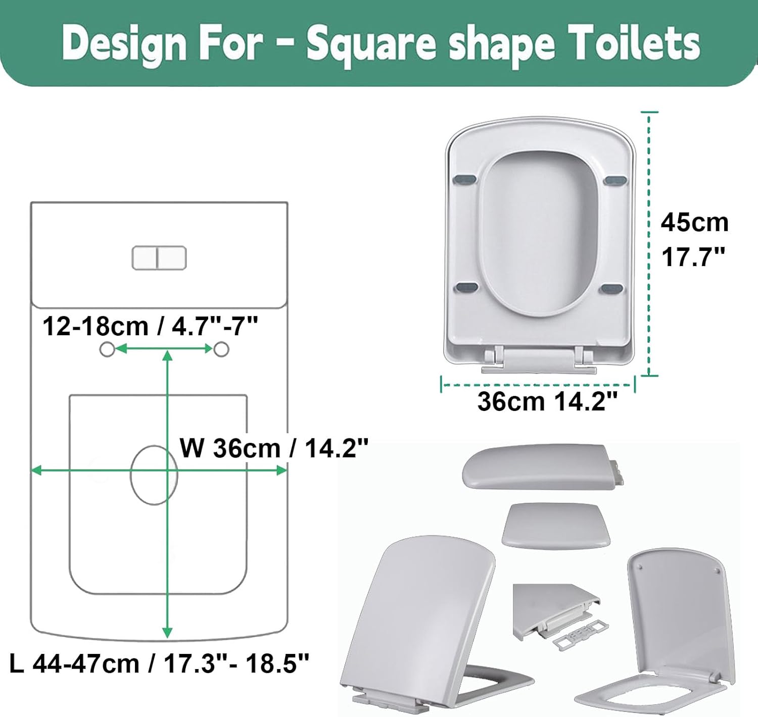 White Soft Close Square Toilet Seat with Quick Release Lid, Simple Top Fixing, Adjustable Hinges, Rectangular, Model 04D