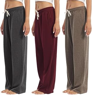 3-Pack Womens Lounge Pants with Pockets, Wide Leg Sweatpants, Soft Comfy Pajama Bottoms with Drawstring Waist