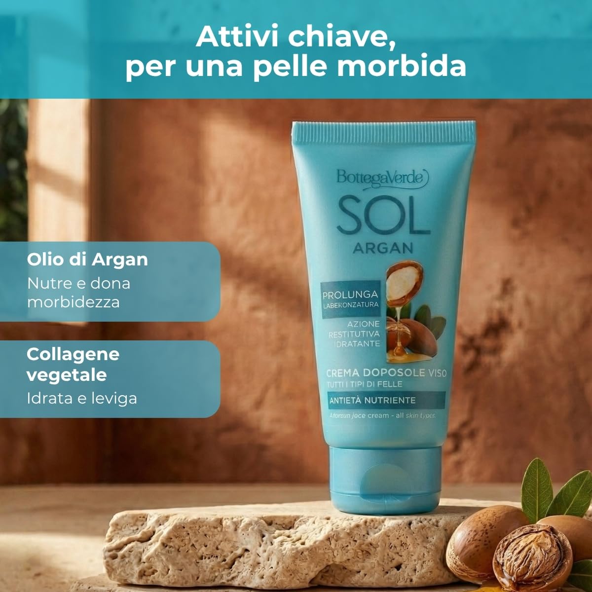 Bottega Verde - SOL Argan, Crema Viso Doposole, 50 ml, Antietà Nutriente, Prolunga l’Abbronzatura, Idrata e Dona Sollievo, con Olio di Argan e Collagene Vegetale, Per Tutti i Tipi di Pelle