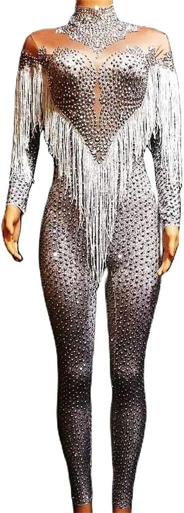 LIUJUN Skinny Women Black Jumpsuits Long Sleeve Fringes Bodysuit Evening Prom Nightclub Costumes : Clothing, Shoes & Jewelry