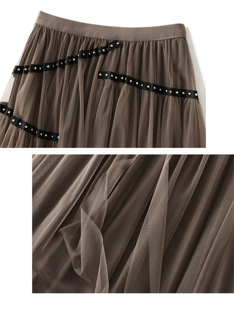 Dninmim Gonna lunga in tulle a vita alta da donna con scollo a V a vita alta e versatile gonna a pieghe midi