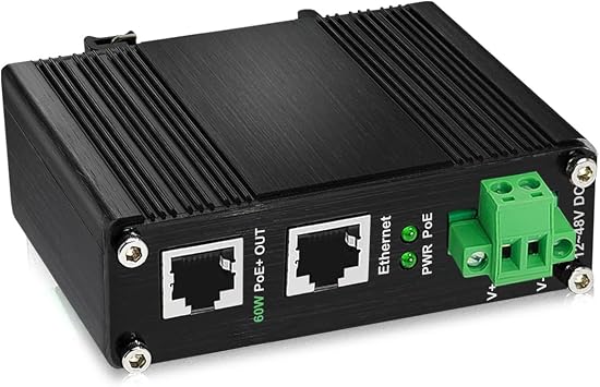 Industrial 60W PoE Injector, Hardened Gigabit PoE+ Injector IEEE802.3at 60W 48V PoE Adapter Power Over Ethernet with 12-48V DC Input DIN Rail Mount