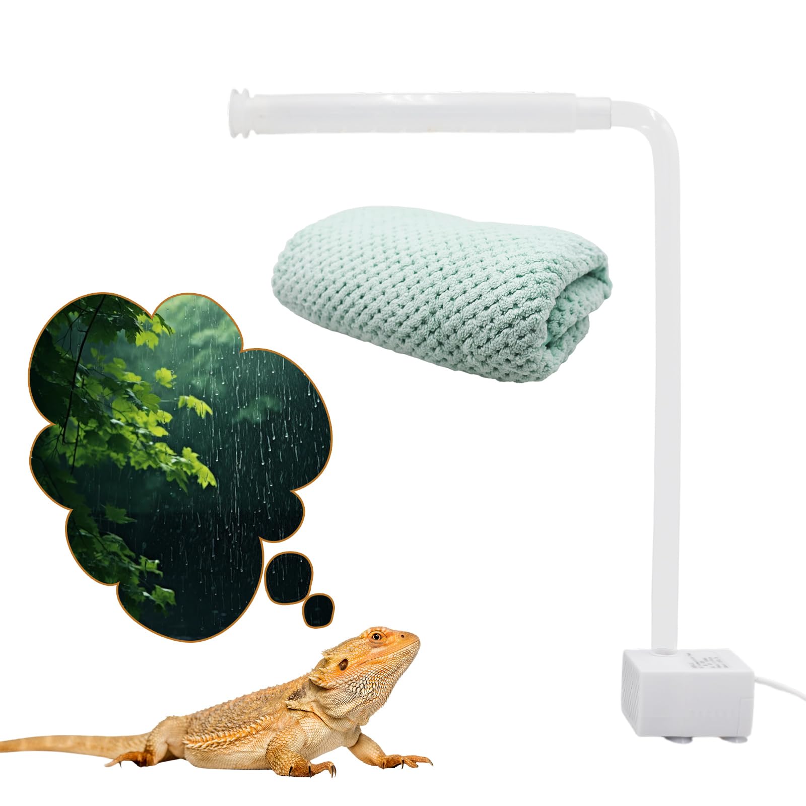 Kit doccia per rettili alimentato tramite USB con fontana a cascata e asciugamano di peluche, essenziale per il bagno per draghi barbuti, rane e piccoli animali domestici