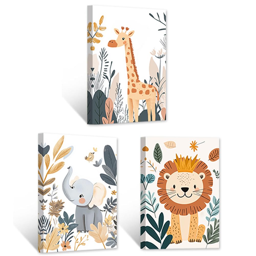 CCWACPP Animal Nursery Wall Art Cute Animal Canvas Prints 3 Panels Lion Giraffe Elephant Pictures Jungle Nursery Prints Children's Room Boys Girls Room Decor Framed (60x90cmx3)