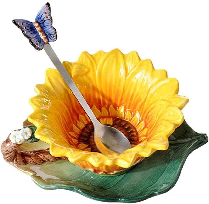 Ceramic Coffee Mug and Saucer set with Spoon ,3D Handmade and Hand-painted Sunflower and Leaf Design Tea Mug, Birthday Gifts for Women- 6oz
