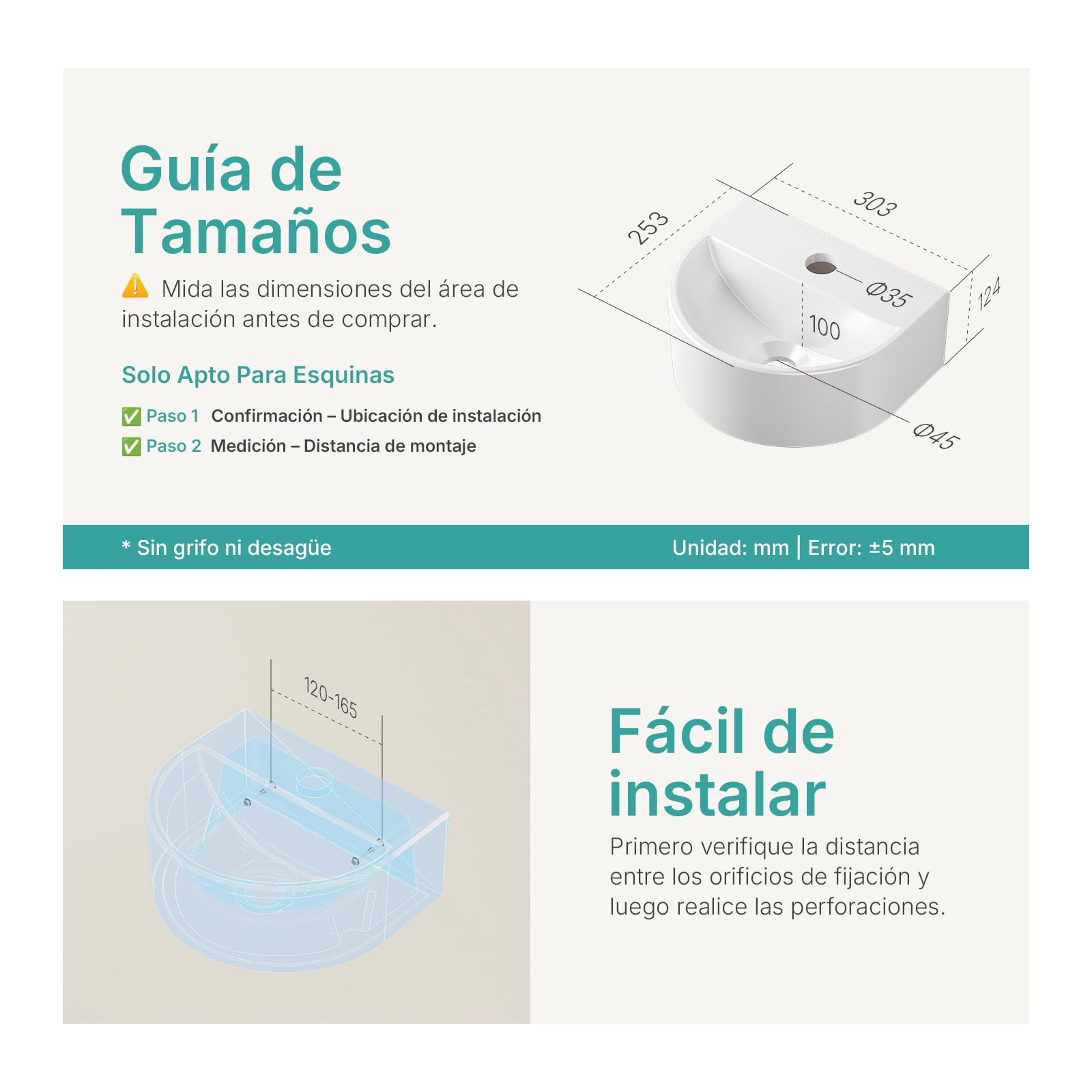 EMKE Lavabo Semi-Circular 303 x 255 x 120 mm, Lavamanos Suspendido para Montar en la Pared, Lavabo de Cerámica para WC de Invitados y Baño, Diseño Moderno, Blanco Brillante