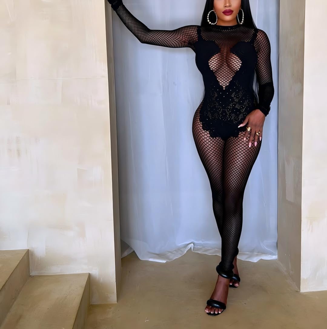 Women's Sexy Mesh Hollow Jumpsuit Club Rave Party Bodysuit Lace One Piece Romper - Image 6