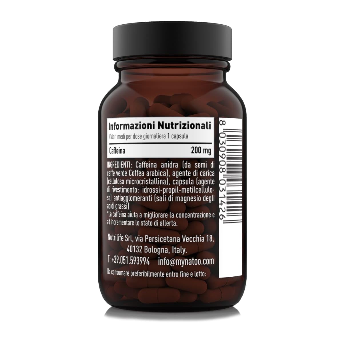 NÄTOO Caffeina 200mg, 60 Capsule Vegane, Caffeina Pura estratta da semi di caffe verde Coffea arabica, 1 Capsula 30 minuti prima del Workout, Adatto anche come integratore per studenti