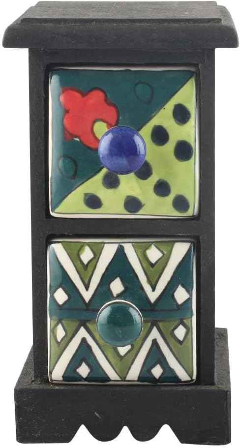 Indian Shelf 1 Piece Vocalforlocal Handmade Multicolor Wooden 2 Vertical Drawers Floral Pattern Spice Box Seasoning Masala Organizer Rack Jewellery Container