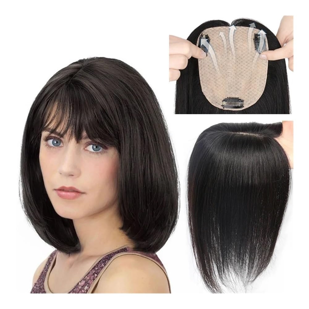 Clip-in-Haarteil mit Seidenbasis aus Echthaar for Frauen bei dünner werdendem Haar Fügt Haarvolumen hinzu(Brown,8 INCH_12X14CM)